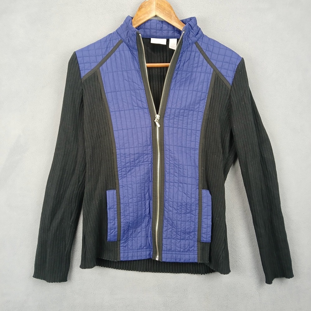 Zenergy By Chicos Rib Knit Jacket Womens 1 Black Blue Cotton Zip Up Outerwear